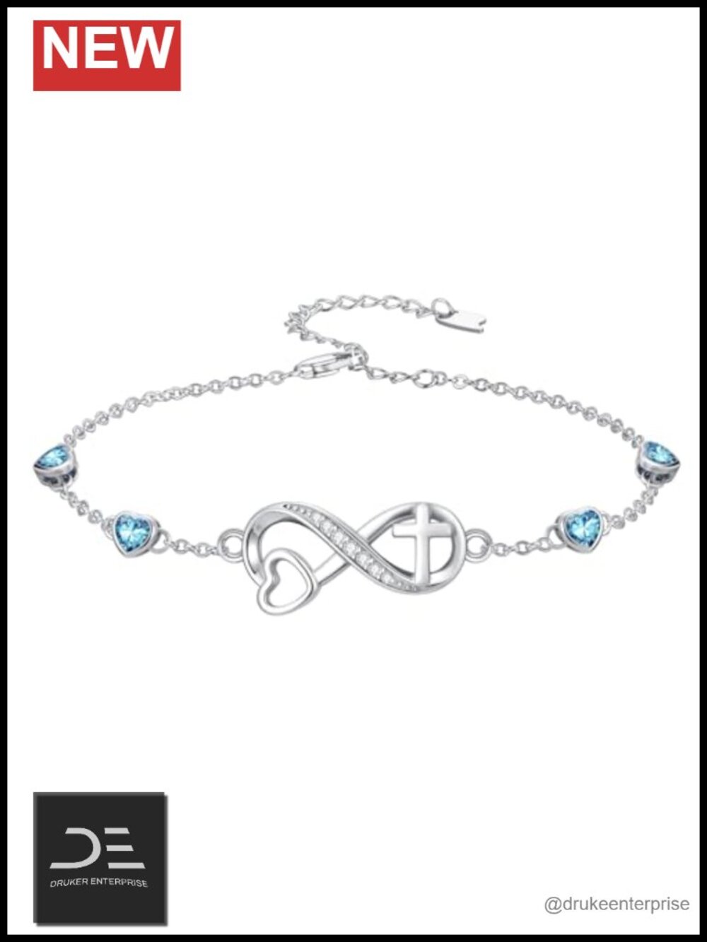 925 Sterling Silver Birthstone Link Bracelet with Infinity Cross Heart Charm,